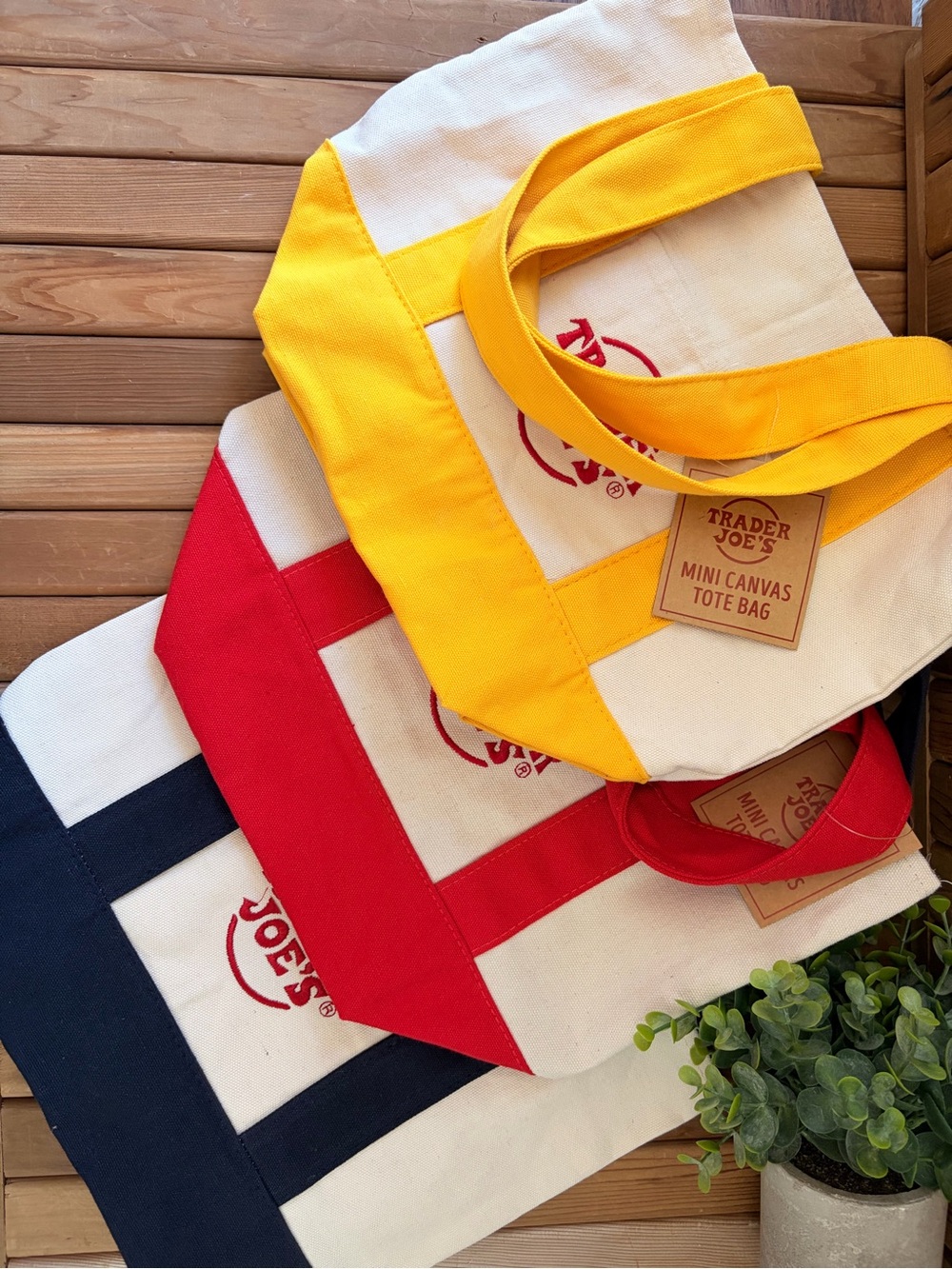 Trader Joe's Mini Canvas Tote Bag 2024 - Yellow, Red, Navy Set of 3, NWT